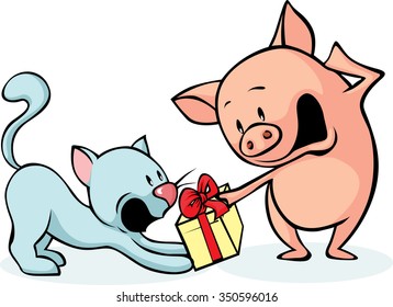 pig and cat fighting for gift - cheerful illustrations