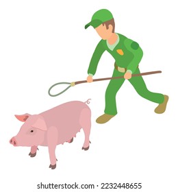 Pig catching icon isometric vector. Man with noose for trapping domestic animal. Agriculture, animal husbandry