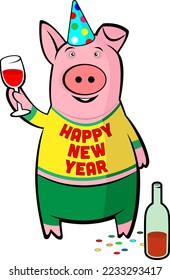 The pig celebrates New Year's Eve with a glass of wine at the party. Dressed in a Happy New Year shirt.