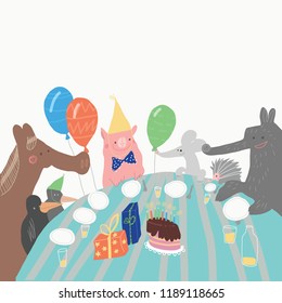 pig celebrating birthday with friends, animals, sitting at the table