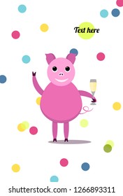 Pig with champagne. Could be used as a Greeting Card.