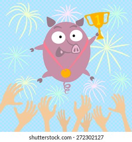 Pig Champion.Pig winner thrown in the air.