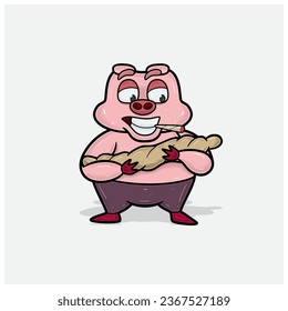 Pig Character Cartoon With Happy, Smoking and Bring Baby Cigarette. Vectors and Illustrations.