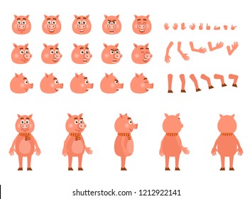 Kit de creación de caracteres de cerdo. Crea tus propias acciones, emociones, poses, expresiones faciales. Ilustración vectorial de diseño plano