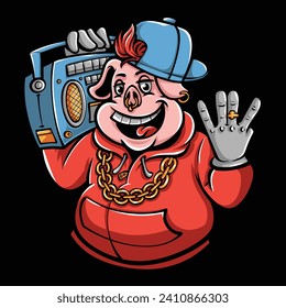 pig character with hiphop outfit illustration