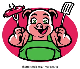 Pig CHaracter holding the bbq fork and sausage