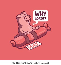 Pig character near a pork sausage vector illustration. Food, funny, logo design concept.