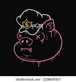 Pig character print for t-shirt. Graffiti cartoon style icon