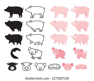 Pig Character Set, Line, Shape, Silhouette, Cartoon, Character,