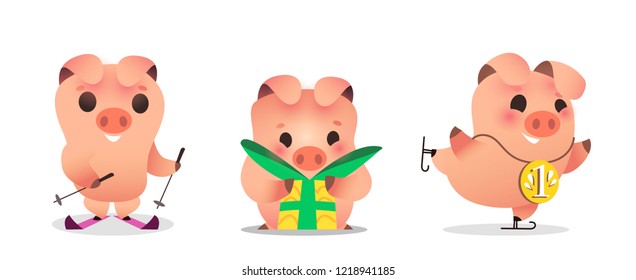 Pig character symbol 2019. Piggy skiing, holding a ski stick. Joyful pig holds a New Year Christmas gift. Pig skates. New Year or Christmas illustration. Flat style vector illustration