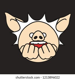 pig character that stuck in fear with hair standing on end while keeping his fists close to opened mouth, scared & horrified man with frightened face shocked by smth scary & biting his nails