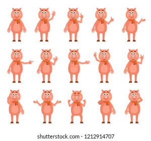 Pig characters showing various hand gestures. Funny pig pointing, greeting, showing thumb up, victory hand and other gestures. Flat design vector illustration