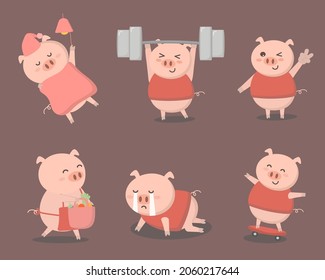 Pig characters of various professions and emotions such as sleeping, exercising, barbell, greeting, shopping, crying, skateboarding. Pigs in different pose and activities. vector flat illustration