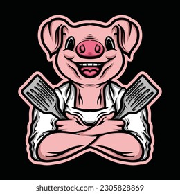 Pig Chef Animal Mascot Logo Vector Graphic Design illustration Badge Emblem Symbol and Icon