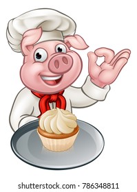 A pig chef or baker cartoon character mascot holding a fairy cup cake and doing a perfect hand gesture