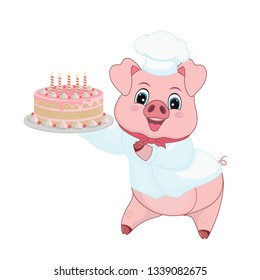Pig chef in a cap holding a cake. Funny and cute piggy in cartoon style. Vector illustration for design, decor, holiday, invitation, banners, posters, postcards, vector template.