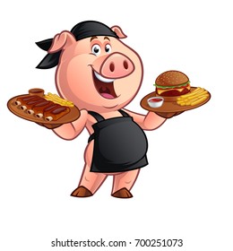 Pig Chef Carrying A Tray With A Barbecue Burger