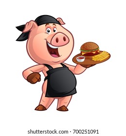 Pig Chef Carrying A Tray With A Barbecue Burger