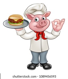 A pig chef cartoon character holding a cheese burger on a plate and doing a perfect gesture 