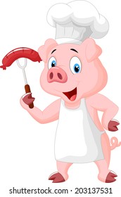 Pig Chef Cartoon  With Sausage On Fork