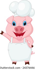 Pig chef cartoon waving hand 