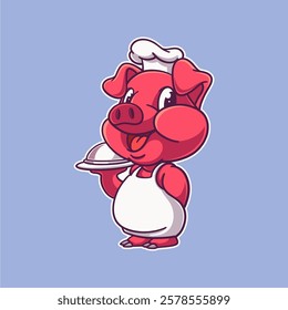 pig chef character carrying food, mascot logo, retro, barbeque, vector, eps, editable, cartoon