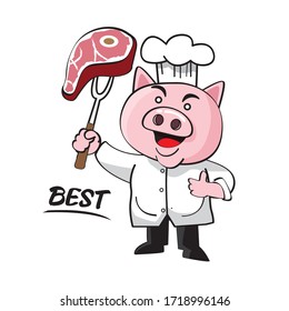 Pig Chef Cook Holding Fork with a cut of meat cartoon character design with traditional chinese red