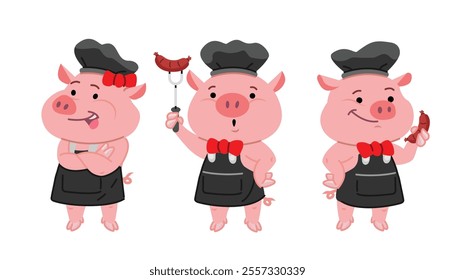 Pig Chef Cute Character Design. Flat Vector Illustration In Cartoon Style.