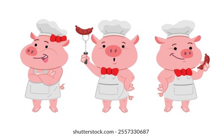 Pig Chef Cute Character Design. Flat Vector Illustration In Cartoon Style.