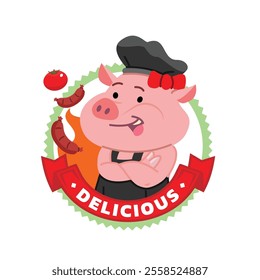 Pig Chef Cute Logo Design. Flat Vector Illustration In Cartoon Style.