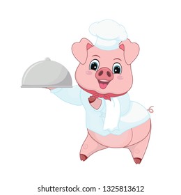 Pig chef holding dish. Funny and cute piggy in cartoon style isolated on white background.Vector illustration for design, decor, holiday, invitation, banners, posters, postcards, vector template.