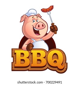 Pig chef holding a sausage on fork