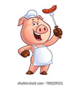 Pig chef holding a sausage on fork