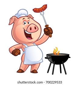 Pig chef holding a sausage on fork