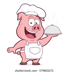 Pig chef holding silver cloche