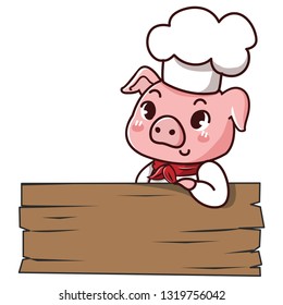 Pig chef holds a sign with space to put your message down.