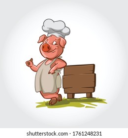 Pig Chef Smilling Mascot Cartoon Character. This pig vector illustration lean next to a wooden plank and give a thumbs up.