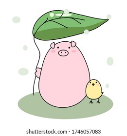 Pig and chick with leaf umbrella
