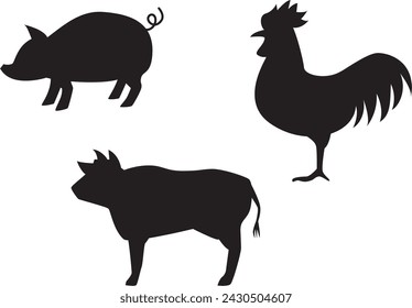 Pig, chicken and cow silhouette illustration