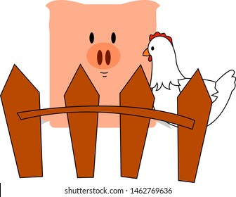 Pig and chicken, illustration, vector on white background.