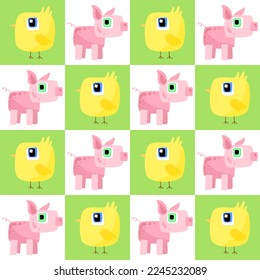 Pig and chicken pattern. Domestic animals. Farm animals background. Decoration, fabric, textile, clothes. Banner, brochure, poster, card. Vector illustration.