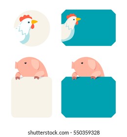 Pig and chicken tags vector illustration cartoon style