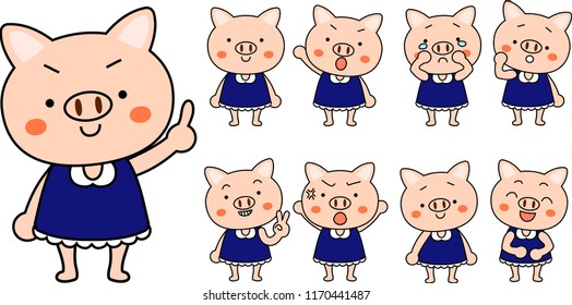Pig child's emotional expression set