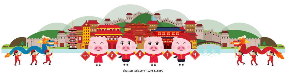   pig to China world and Chinese New Year 2019. Vector illustration