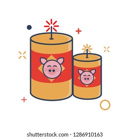 Pig Chinese New Year 2019 Icon | Fireworks Icon - with Outline Filled Style