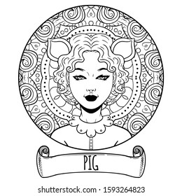 Pig Chinese zodiac sign artwork as beautiful girl, adult coloring book page, vector illustration