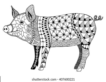 Pig chinese zodiac sign zentangle stylized, vector illustration, pattern, freehand pencil, hand drawn. Zen art. Ornate. Lace. 