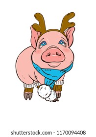 Pig in Christmas costumes, vector illustration