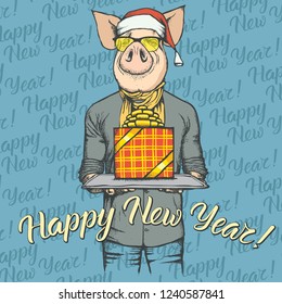 Pig Christmas and New Year vector concept. Illustration of pig in human suit celebrating. Lettering Happy New Year