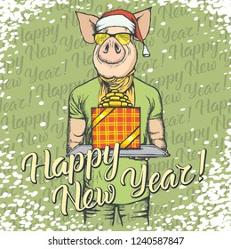Weihnachten- und Neujahrsvektor-Konzept für Schweinefleisch. Illustration von Schwein im menschlichen Anzug feiern. Frohes neues Jahr